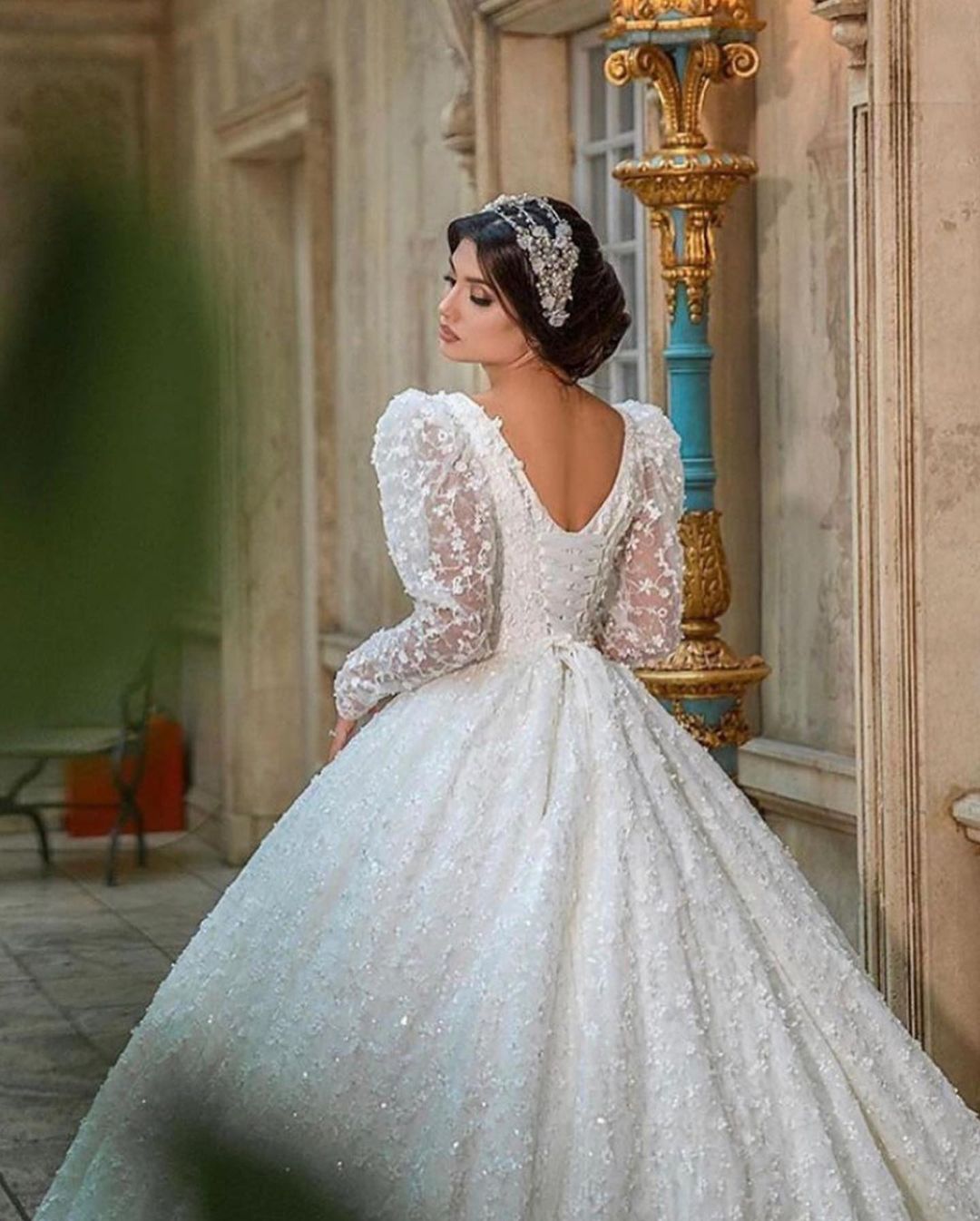 Glamorous Deep V-Neck Long Sleeve Train Wedding Dress with Lace Appliques