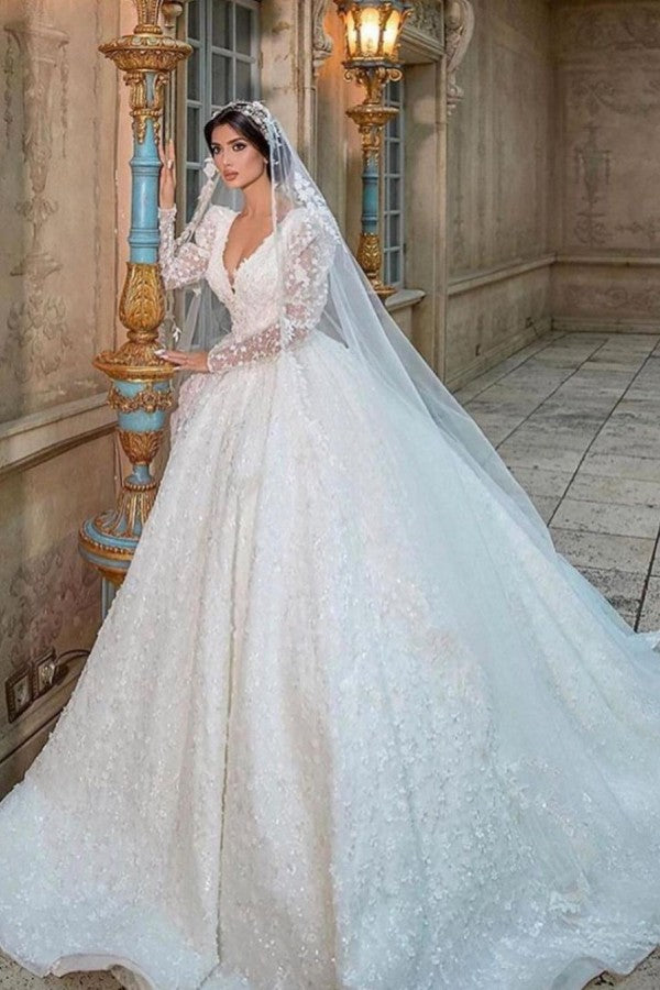 Glamorous Deep V-Neck Long Sleeve Train Wedding Dress with Lace Appliques