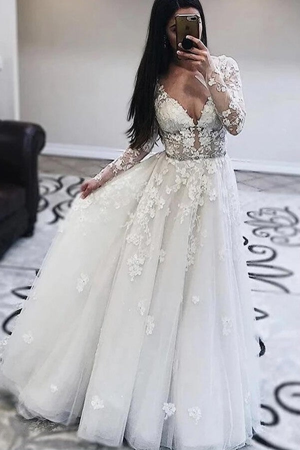 Glamorous Deep V-Neck Long Sleeve Wedding Dress with Lace Appliques