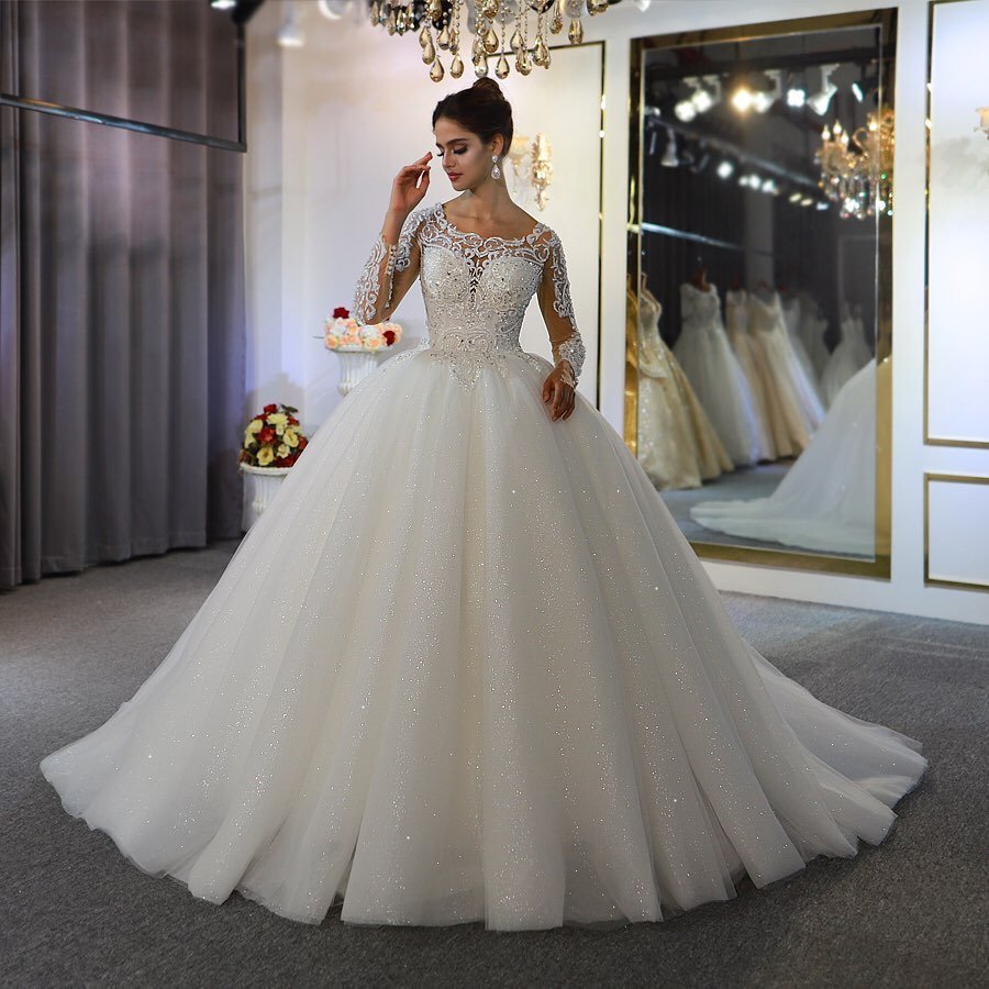 Glamorous Long Sleeved Lace Applique Sequined Scoop Wedding Dress