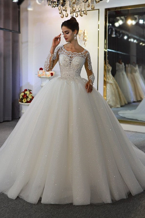 Glamorous Long Sleeved Lace Applique Sequined Scoop Wedding Dress