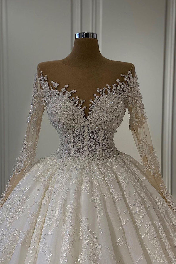 Glamorous Long Sleeves Ball Gown Wedding Dress with Lace Beadings
