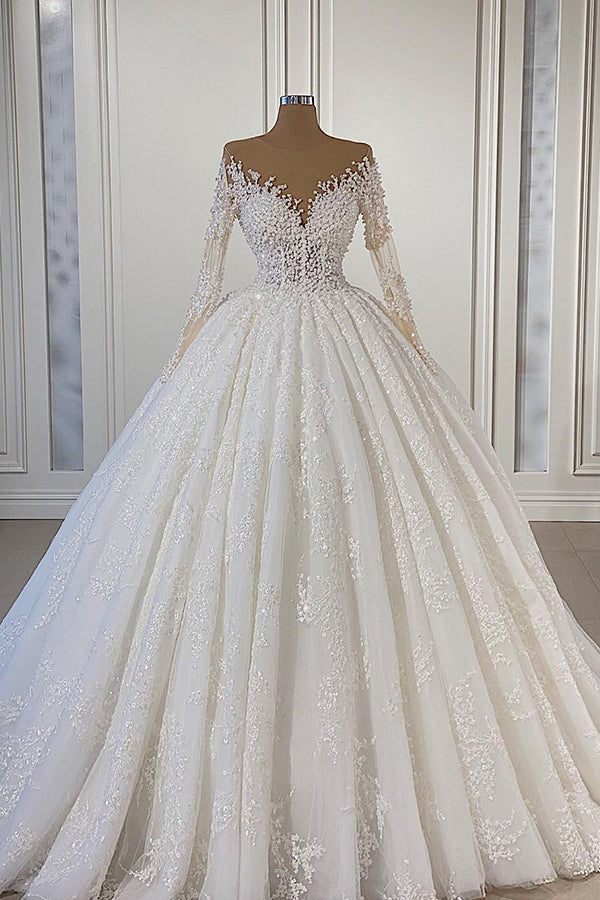 Glamorous Long Sleeves Ball Gown Wedding Dress with Lace Beadings