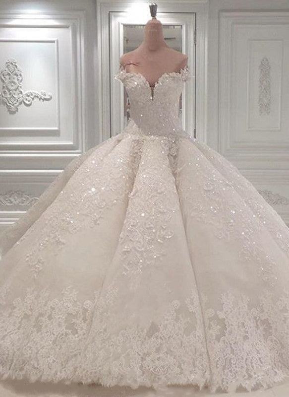 Glamorous Off-the-Shoulder Ball Gown Wedding Dress With Beadings