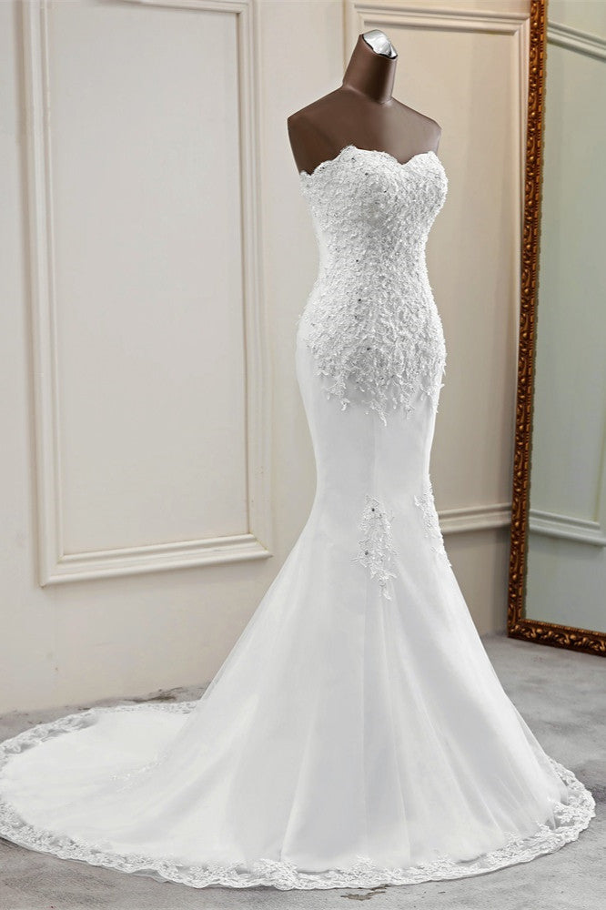 Glamorous Strapless Lace Appliques Long Mermaid Wedding Dress With Beadings