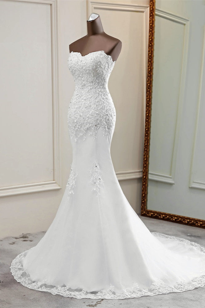 Glamorous Strapless Lace Appliques Long Mermaid Wedding Dress With Beadings