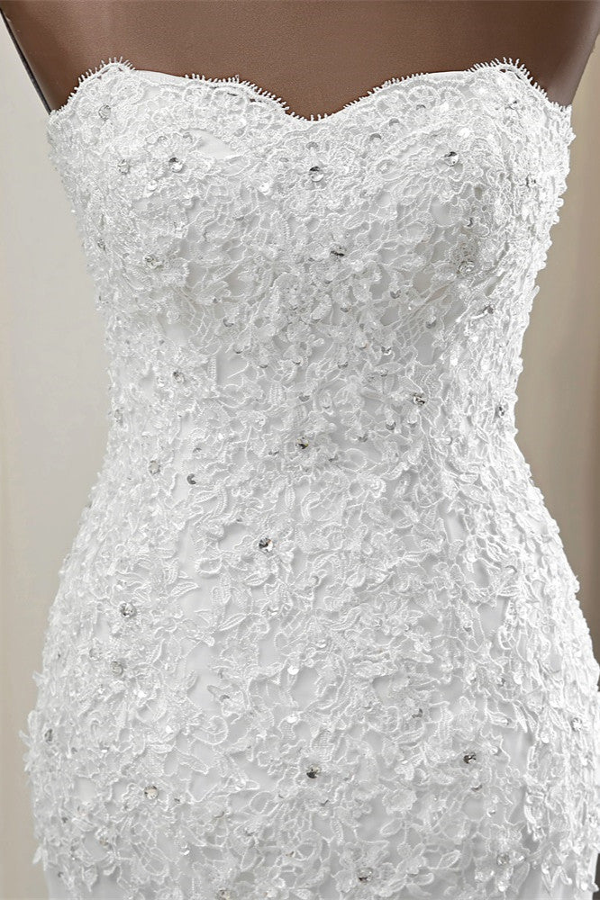 Glamorous Strapless Lace Appliques Long Mermaid Wedding Dress With Beadings