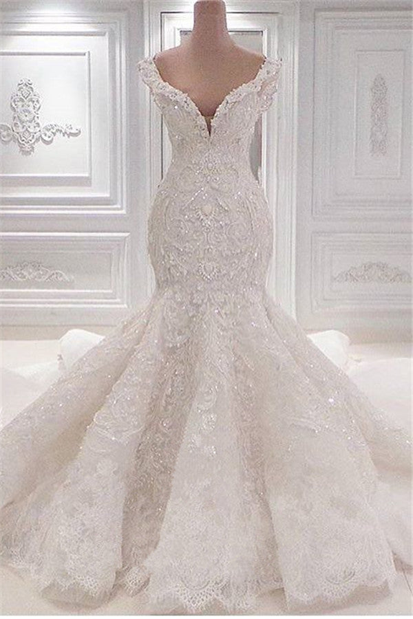 Glamorous V-Neck Mermaid Wedding Dress with Ruffles and Lace Appliques