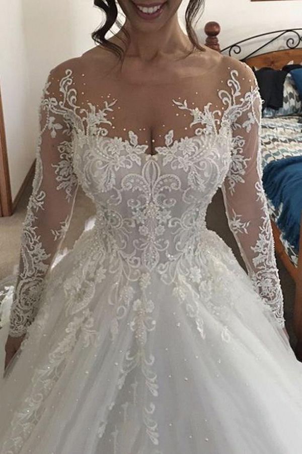 Glamorous White Long Sleeves Wedding Dress with Appliques