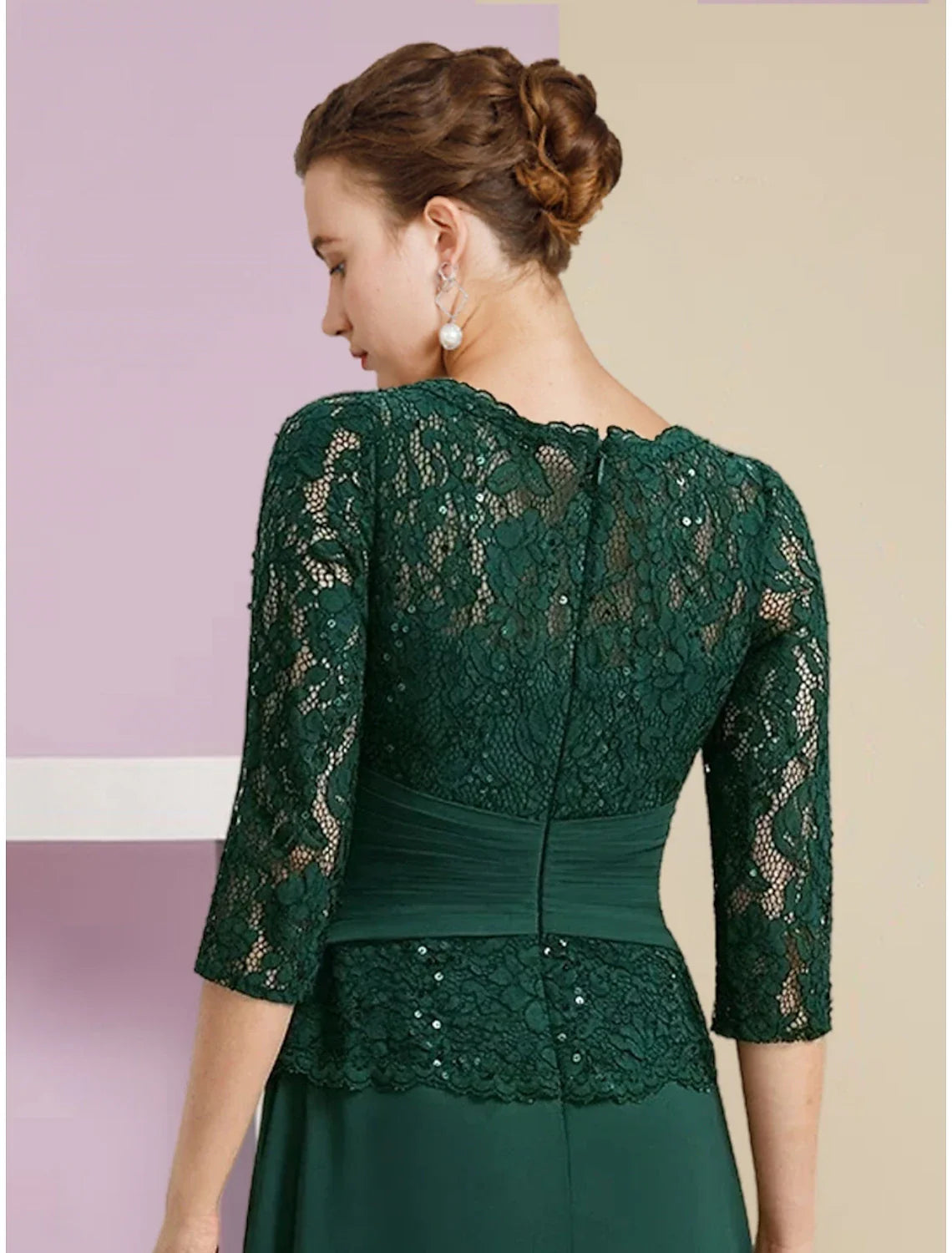 Aimishang  A-Line Mother of the Bride Dress Wedding Guest Elegant Scoop Neck Floor Length Stretch Chiffon 3/4 Length Sleeve with Lace Sequin Ruching