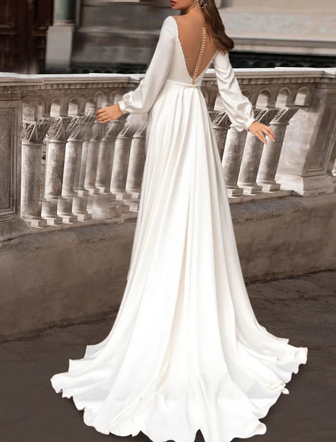 Aimishang Reception Formal Wedding Dresses Two Piece Illusion Neck Scoop Neck Long Sleeve Sweep / Brush Train Satin Bridal Gowns With Solid Color