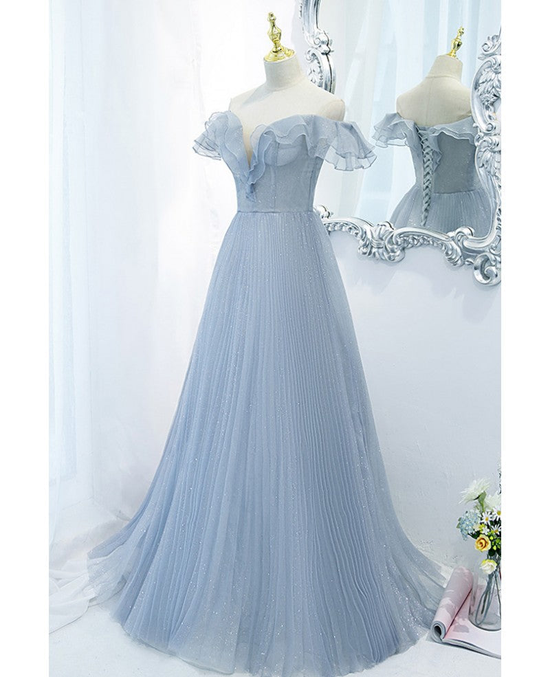 Sweet Sky Blue Sparkling Pleated Short sleeved Off Shoulder Ball Dress Sky Blue A-line Princess Backless Tie with Ruffle Edge and Floor Length Evening Dress