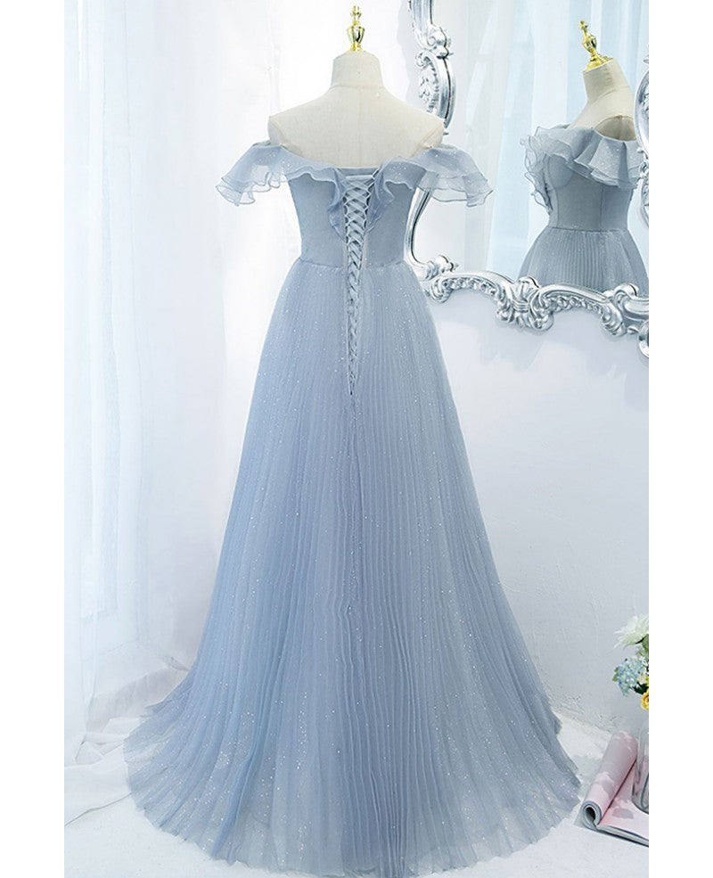 Sweet Sky Blue Sparkling Pleated Short sleeved Off Shoulder Ball Dress Sky Blue A-line Princess Backless Tie with Ruffle Edge and Floor Length Evening Dress