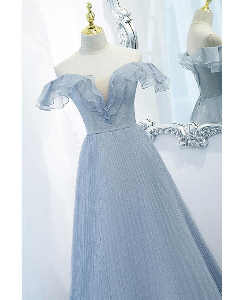 Sweet Sky Blue Sparkling Pleated Short sleeved Off Shoulder Ball Dress Sky Blue A-line Princess Backless Tie with Ruffle Edge and Floor Length Evening Dress