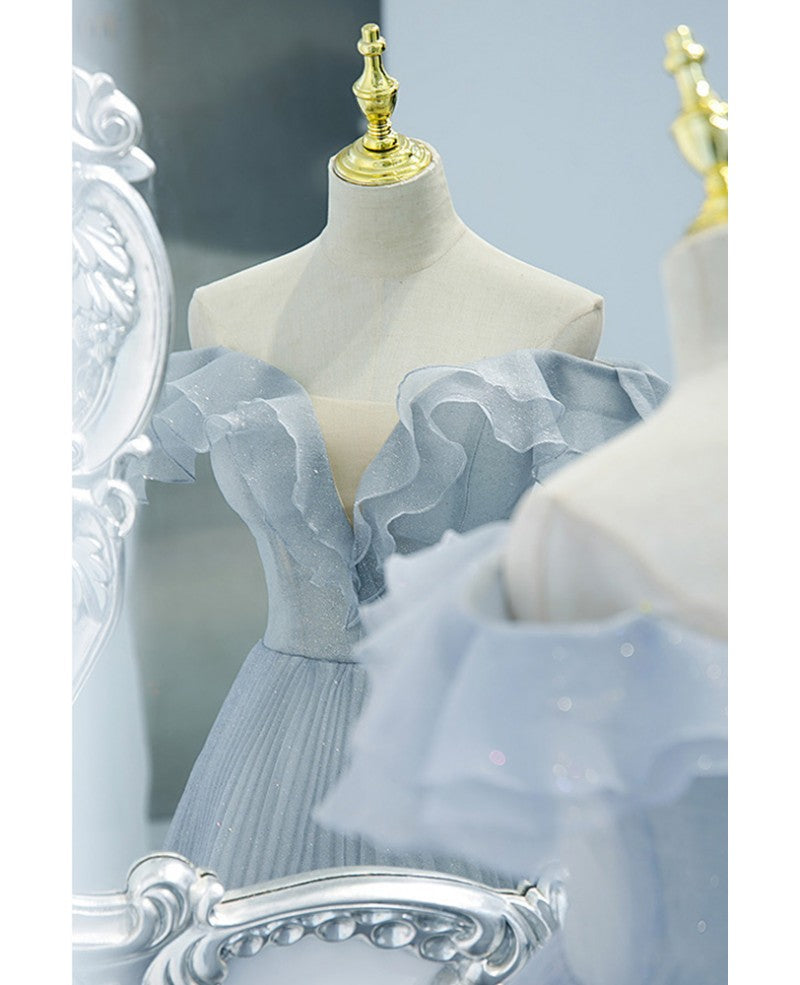 Sweet Sky Blue Sparkling Pleated Short sleeved Off Shoulder Ball Dress Sky Blue A-line Princess Backless Tie with Ruffle Edge and Floor Length Evening Dress