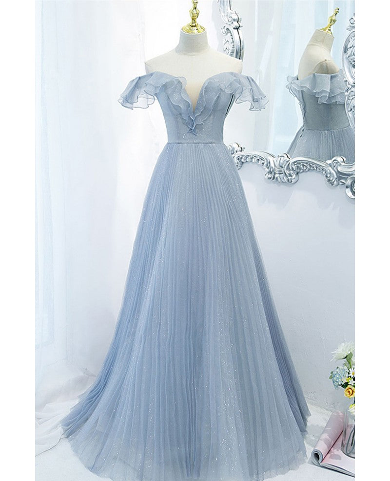 Sweet Sky Blue Sparkling Pleated Short sleeved Off Shoulder Ball Dress Sky Blue A-line Princess Backless Tie with Ruffle Edge and Floor Length Evening Dress