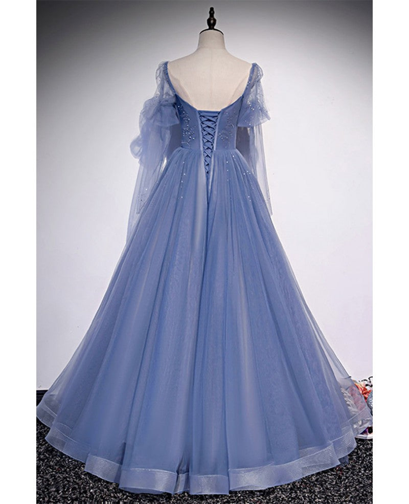 Beautiful blue sheer beaded long party dress, A-shaped long sleeved backless and floor length evening dress