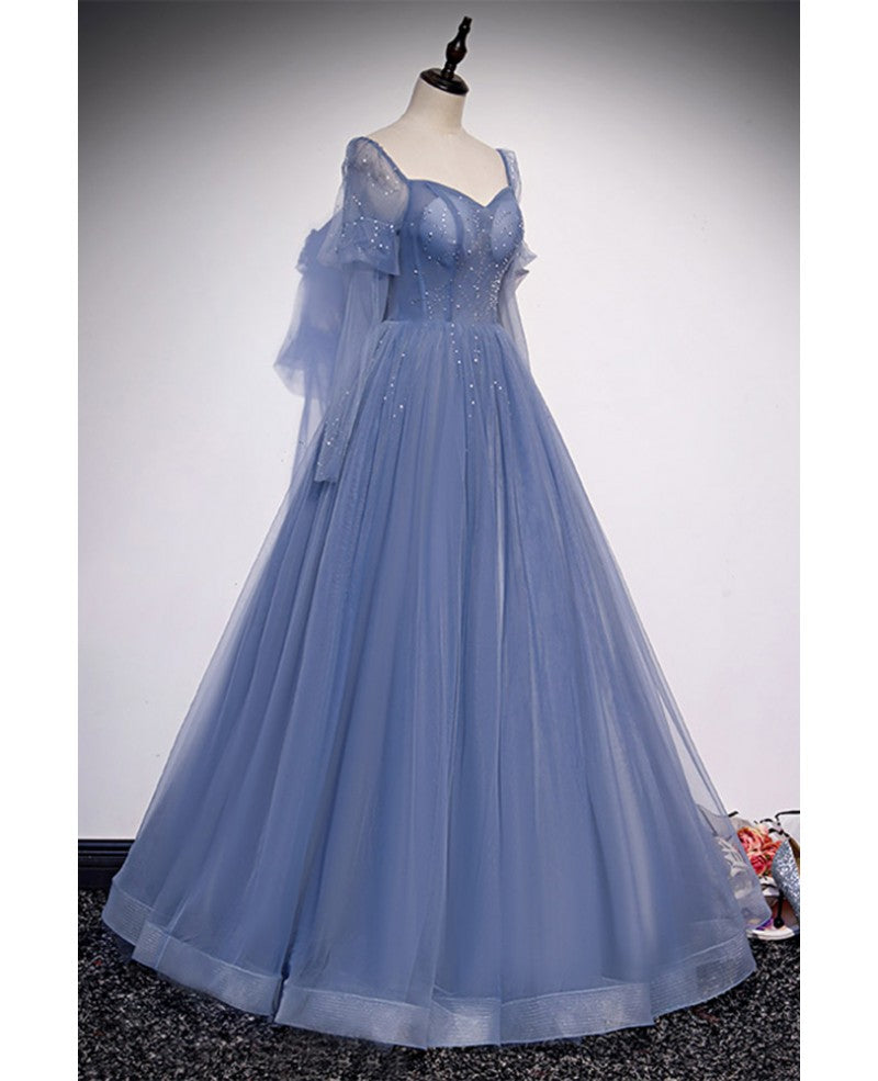Beautiful blue sheer beaded long party dress, A-shaped long sleeved backless and floor length evening dress