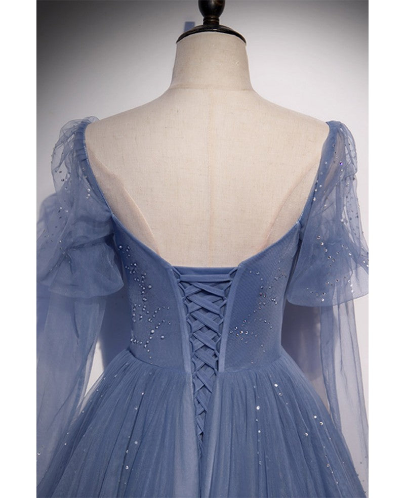 Beautiful blue sheer beaded long party dress, A-shaped long sleeved backless and floor length evening dress