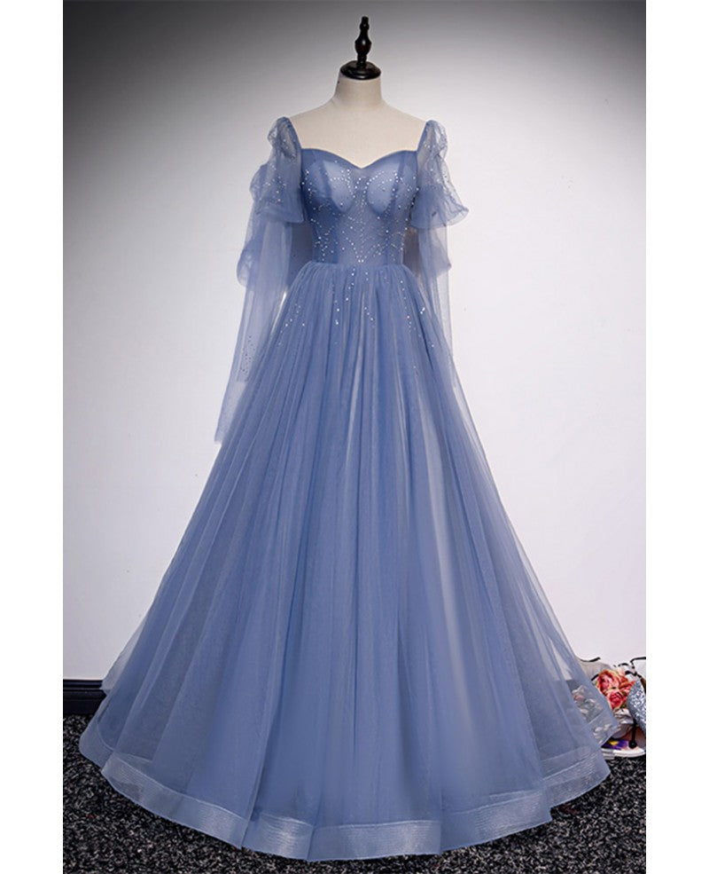 Beautiful blue sheer beaded long party dress, A-shaped long sleeved backless and floor length evening dress