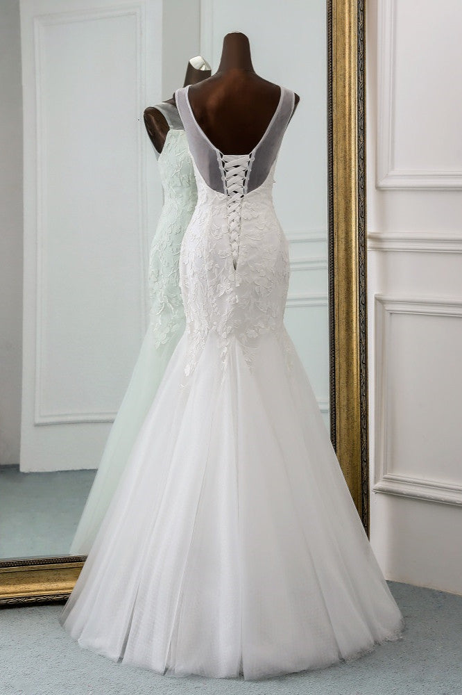 Gorgeous Jewel Backless Long Mermaid Wedding Dress With Lace