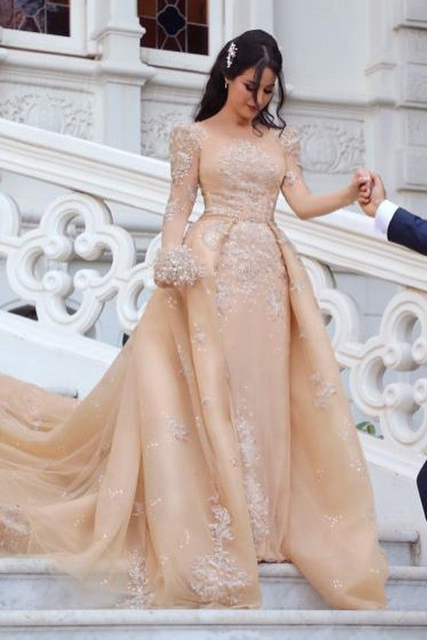 Gorgeous Long Sleeve Bateau Detachable Wedding Dress With Tulle
