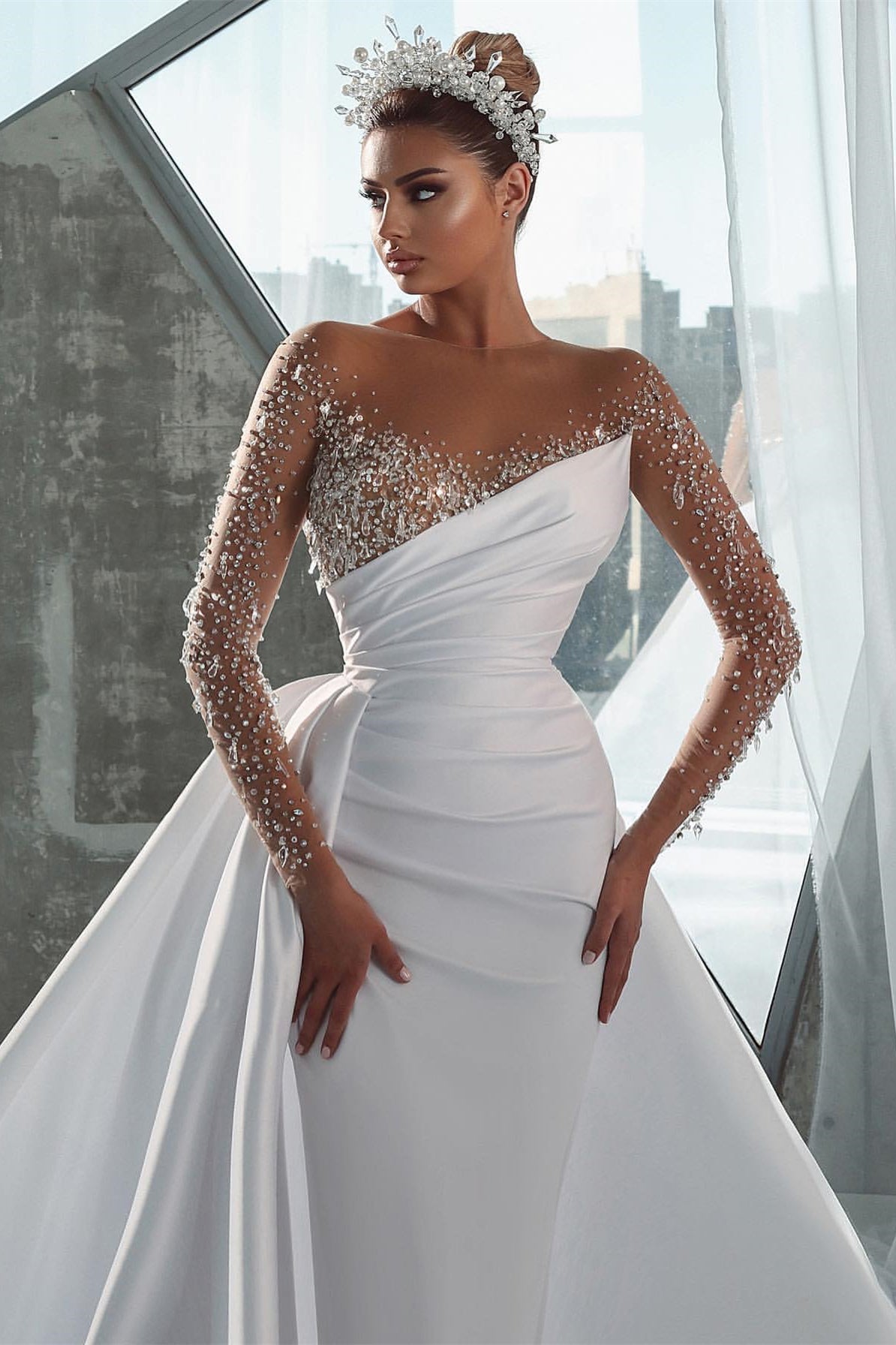 Gorgeous Long Sleeves Mermaid Wedding Dress with Beadings Overskirt