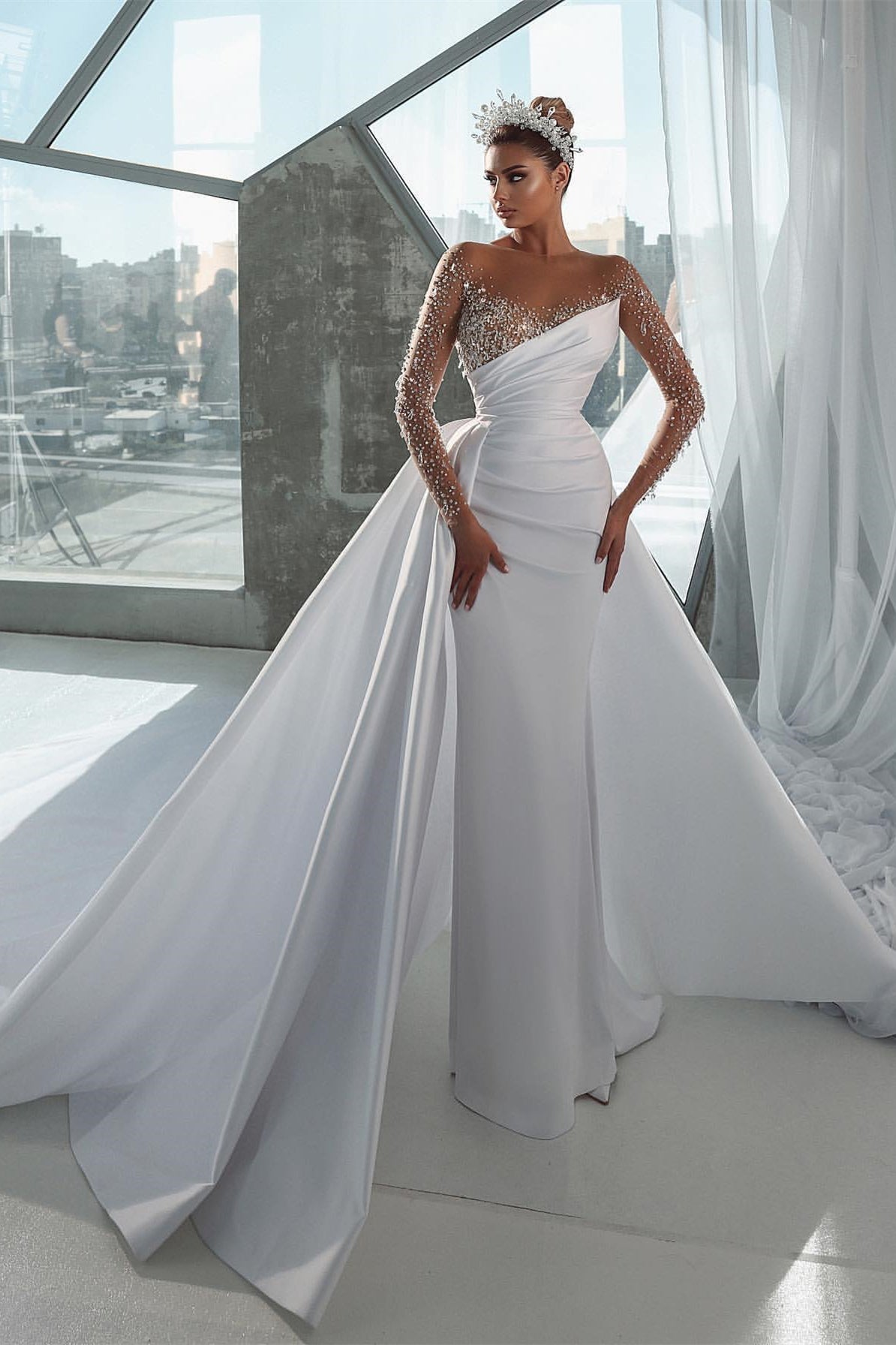 Gorgeous Long Sleeves Mermaid Wedding Dress with Beadings Overskirt