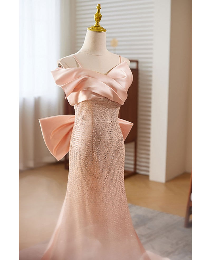 Sweet pink sequin sleeveless off shoulder ball dress with pink mermaid thin shoulder strap, butterfly tie, dew back strap, and floor length evening dress