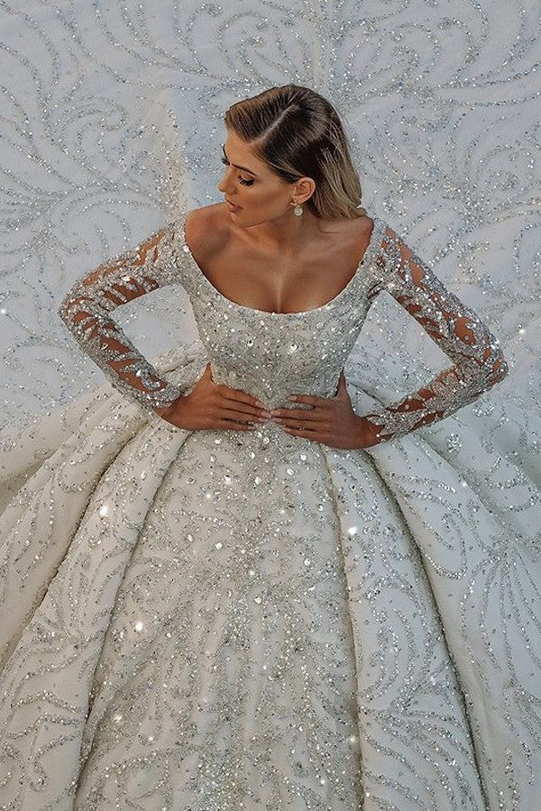 Gorgeous Modest Long Ball Gown Wedding Dress with Off-the-Shoulder Backless Crystal Embellished with Sequins