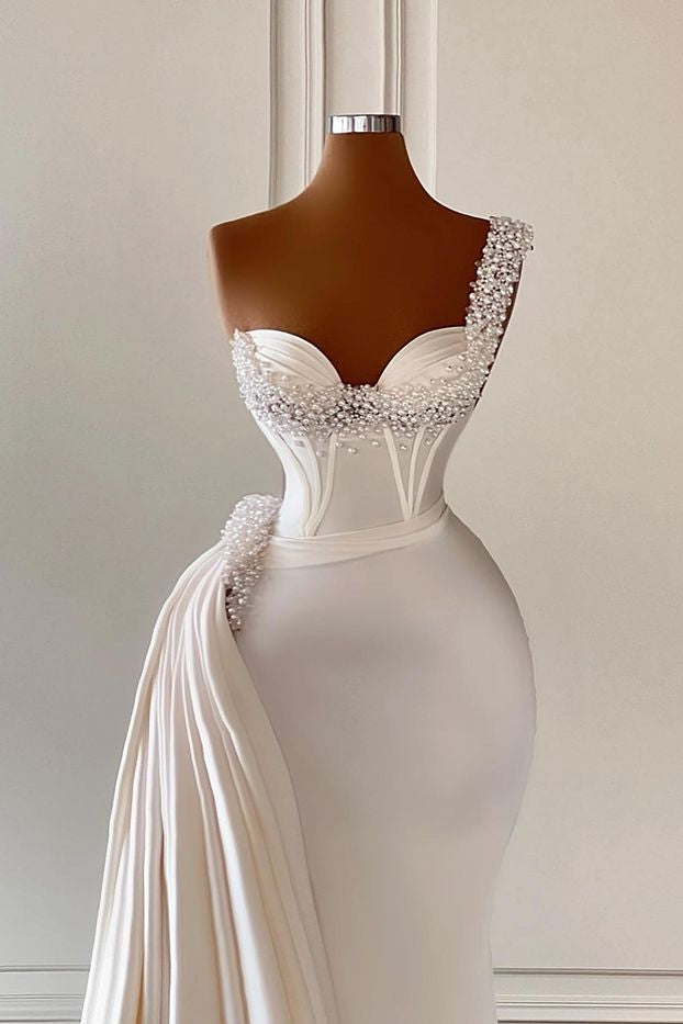 Gorgeous One Shoulder Ivory Wedding Gowns with Sweetheart Ruffle and Pearls