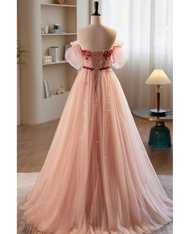Elegant and sweet powder blusher powder beading sequins off shoulder short sleeve prom dress powder blusher powder A-shaped princess bow belt tulle backless and floor length evening dress