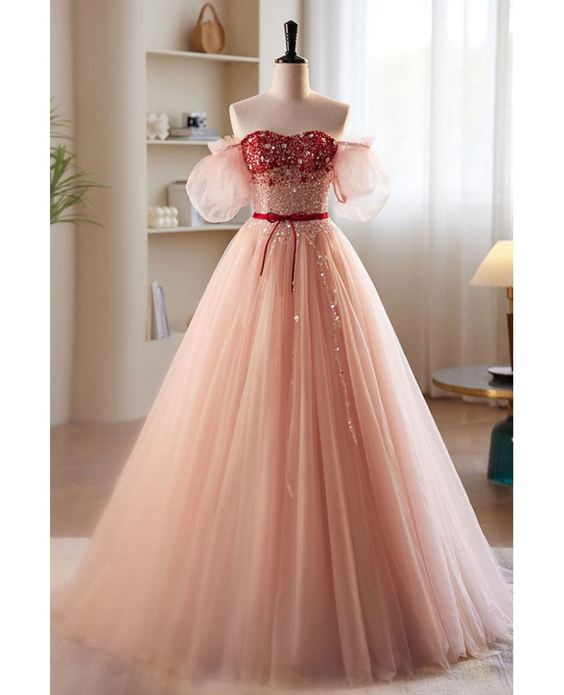 Elegant and sweet powder blusher powder beading sequins off shoulder short sleeve prom dress powder blusher powder A-shaped princess bow belt tulle backless and floor length evening dress