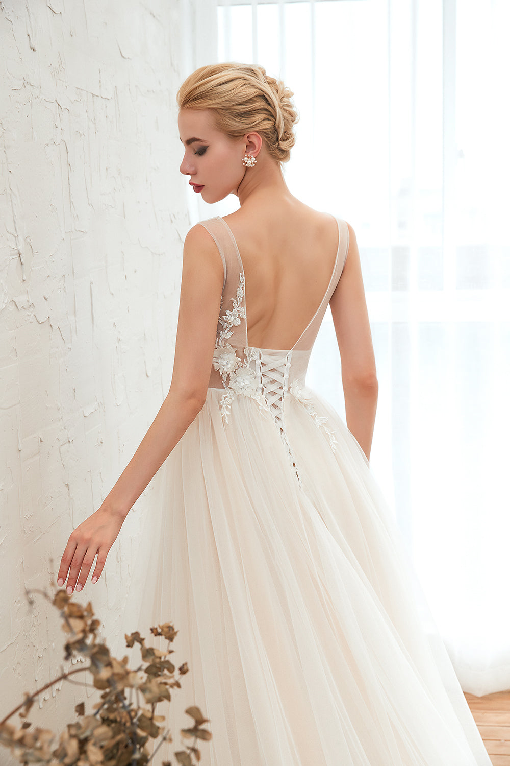 Gorgeous Straps Deep V-Neck Wedding Dress with Tulle