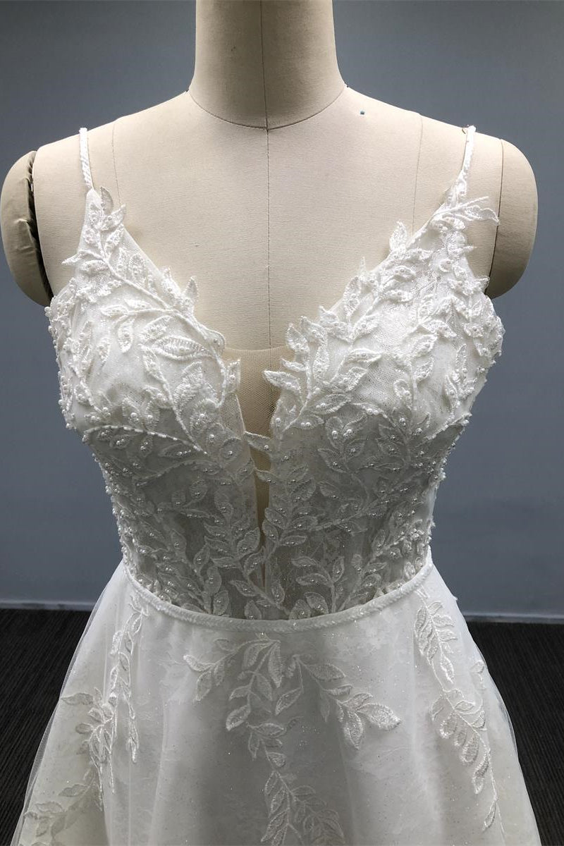 Gorgeous White A Line Tulle Wedding Dress With Beaded Spaghetti Straps and Appliques