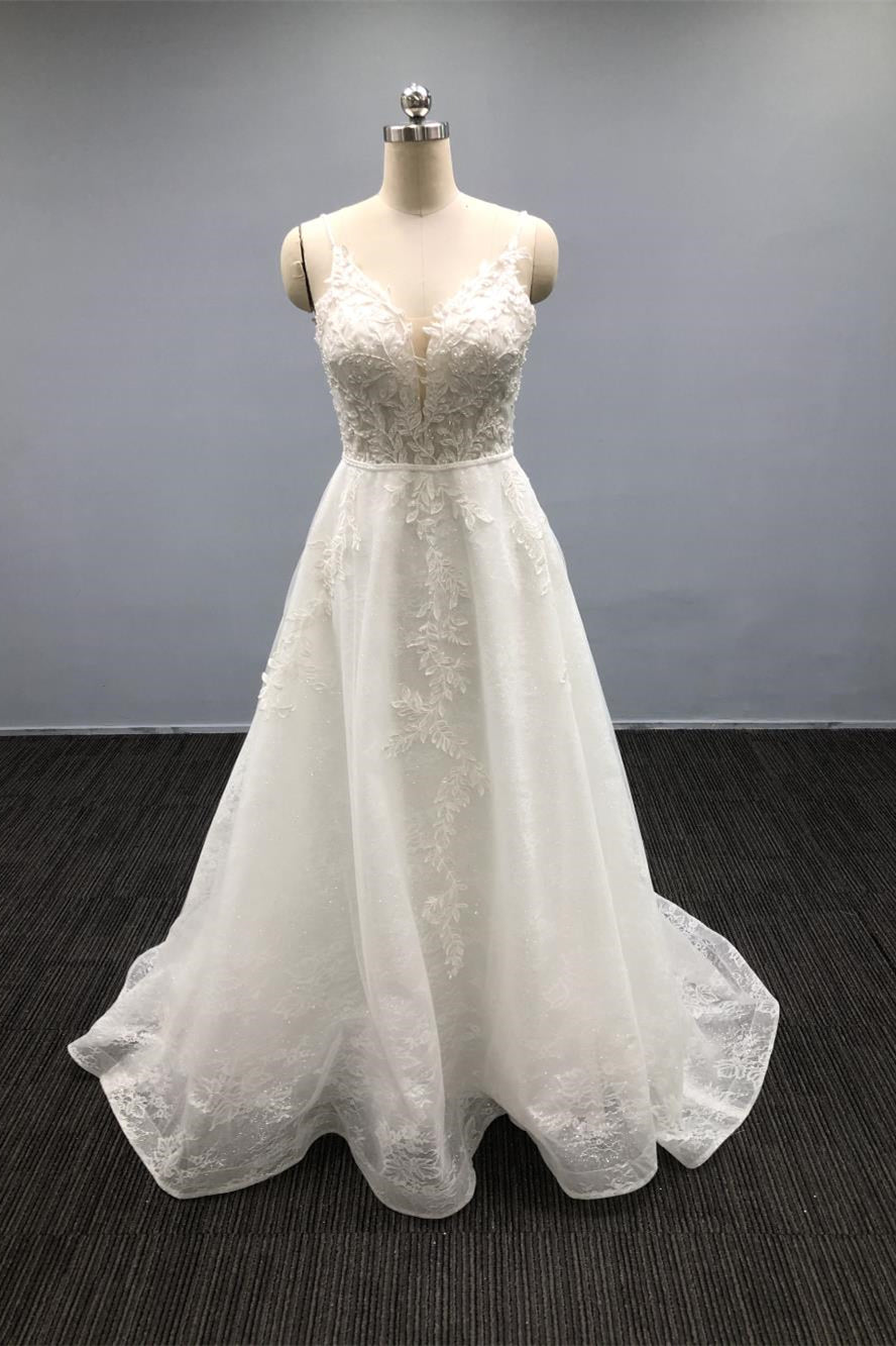 Gorgeous White A Line Tulle Wedding Dress With Beaded Spaghetti Straps and Appliques