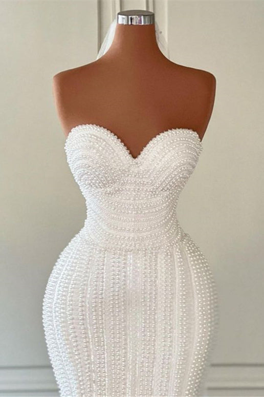 Gorgeous White Sweetheart Mermaid Wedding Gowns with Pearls