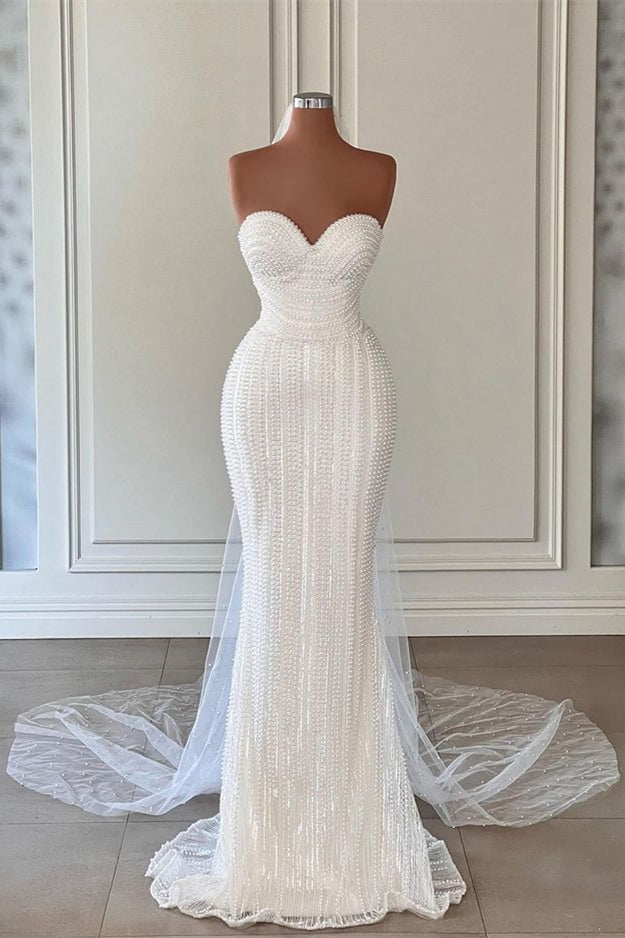 Gorgeous White Sweetheart Mermaid Wedding Gowns with Pearls