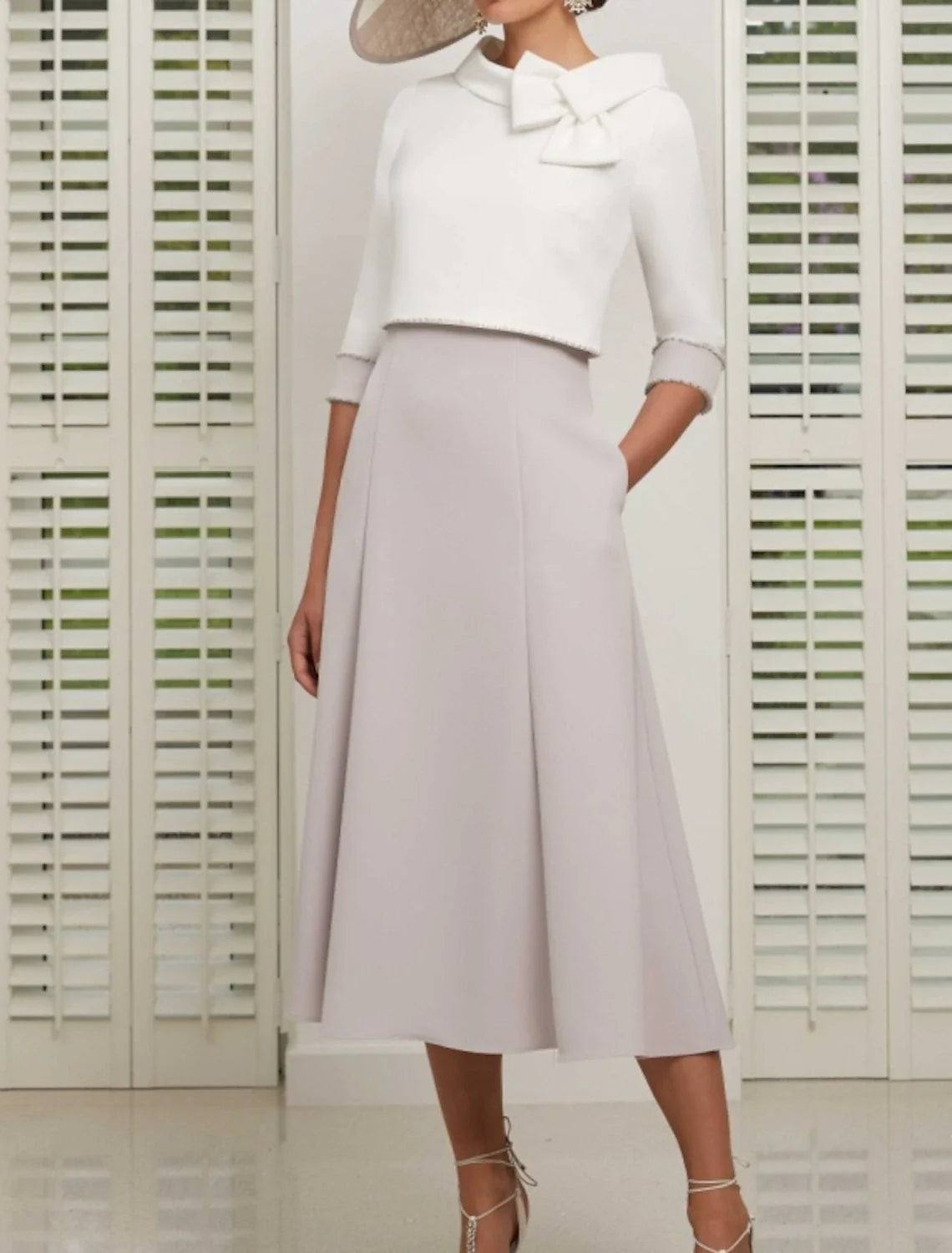 Two Piece Mother of the Bride Dress Wedding Guest Church Elegant Jewel Neck Ankle Length Stretch Satin 3/4 Length Sleeve Short Jacket Dresses with Bow(s)