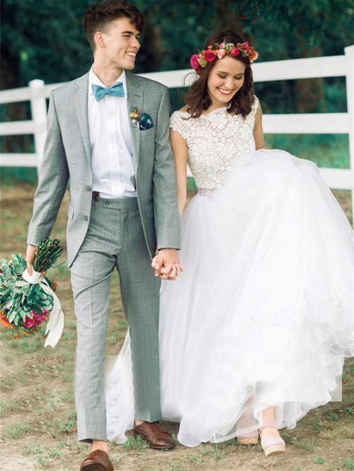 Graceful Tulle Bateau Neckline Cap Sleeves A-line Wedding Dresses With Beadings Elegant