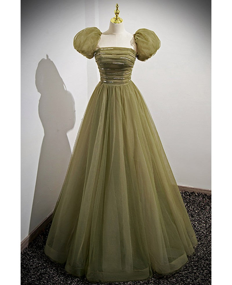 Simple and minimalist clover green square neckline fluffy short sleeved sequin ball dress in clover A-line princess backless and ground length evening dress