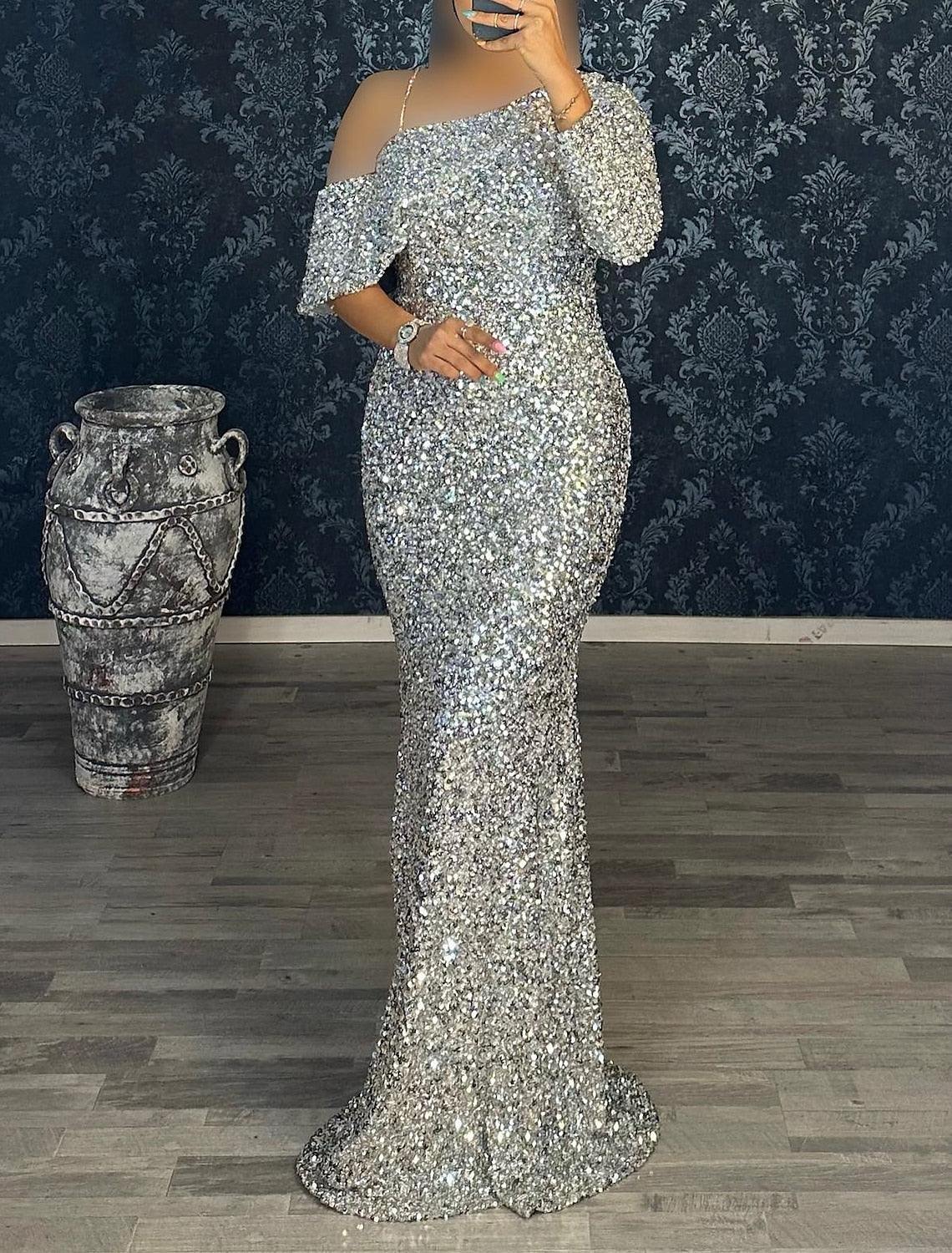 Mermaid Dress Evening Gown Red Green Dress Cocktail Party Sweep / Brush Train Long Sleeve One Shoulder Sequined with Sequin