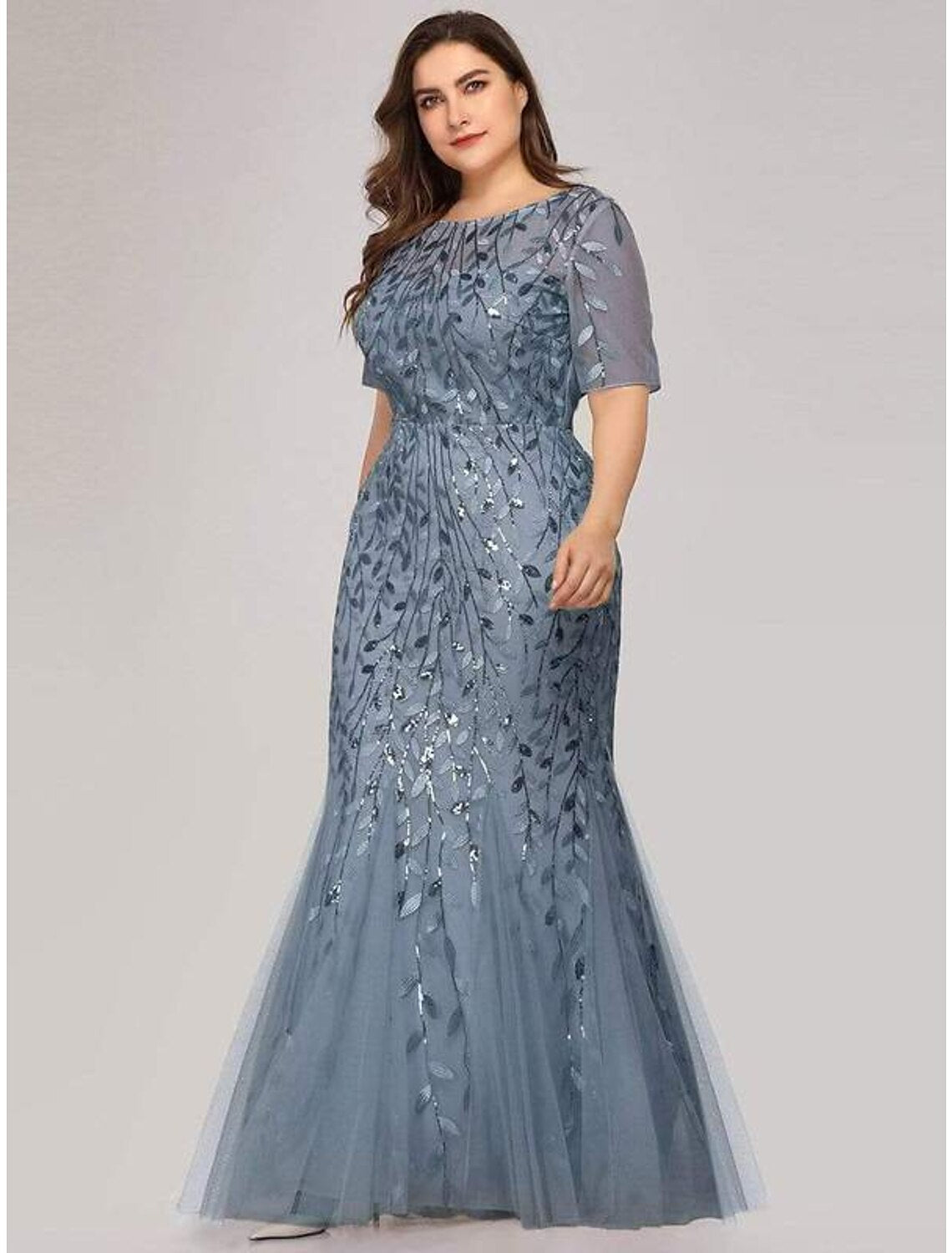 Aimishang Mermaid / Trumpet Empire Elegant Party Wear Formal Evening Dress Jewel Neck Short Sleeve Floor Length Tulle with Embroidery