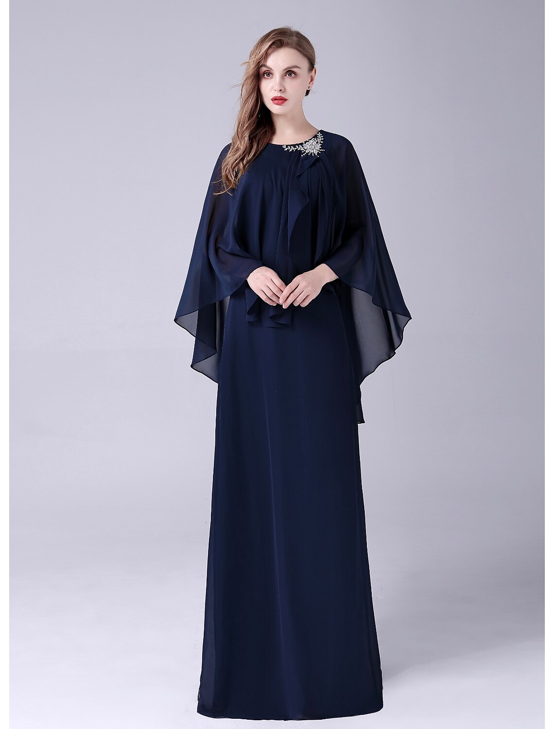 Aimishang A-Line Mother of the Bride Dress Elegant Sweet Jewel Neck Floor Length Chiffon Sleeveless with Crystals Draping