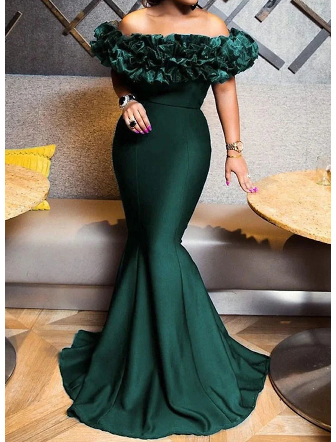 Aimishang Mermaid Evening Gown Emerald Green Dress Red Green Dress Engagement Sweep / Brush Train Short Sleeve Off Shoulder Stretch Satin with Sleek