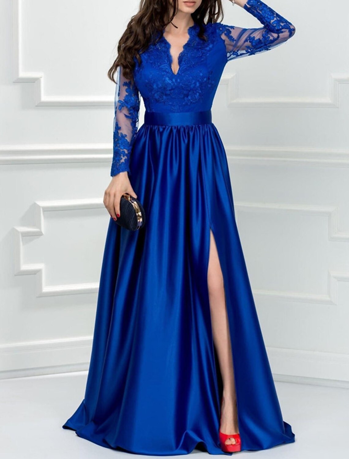 Aimishang A-Line Evening Gown Elegant Dress Formal Wedding Guest Floor Length Long Sleeve V Neck Satin with Slit Appliques