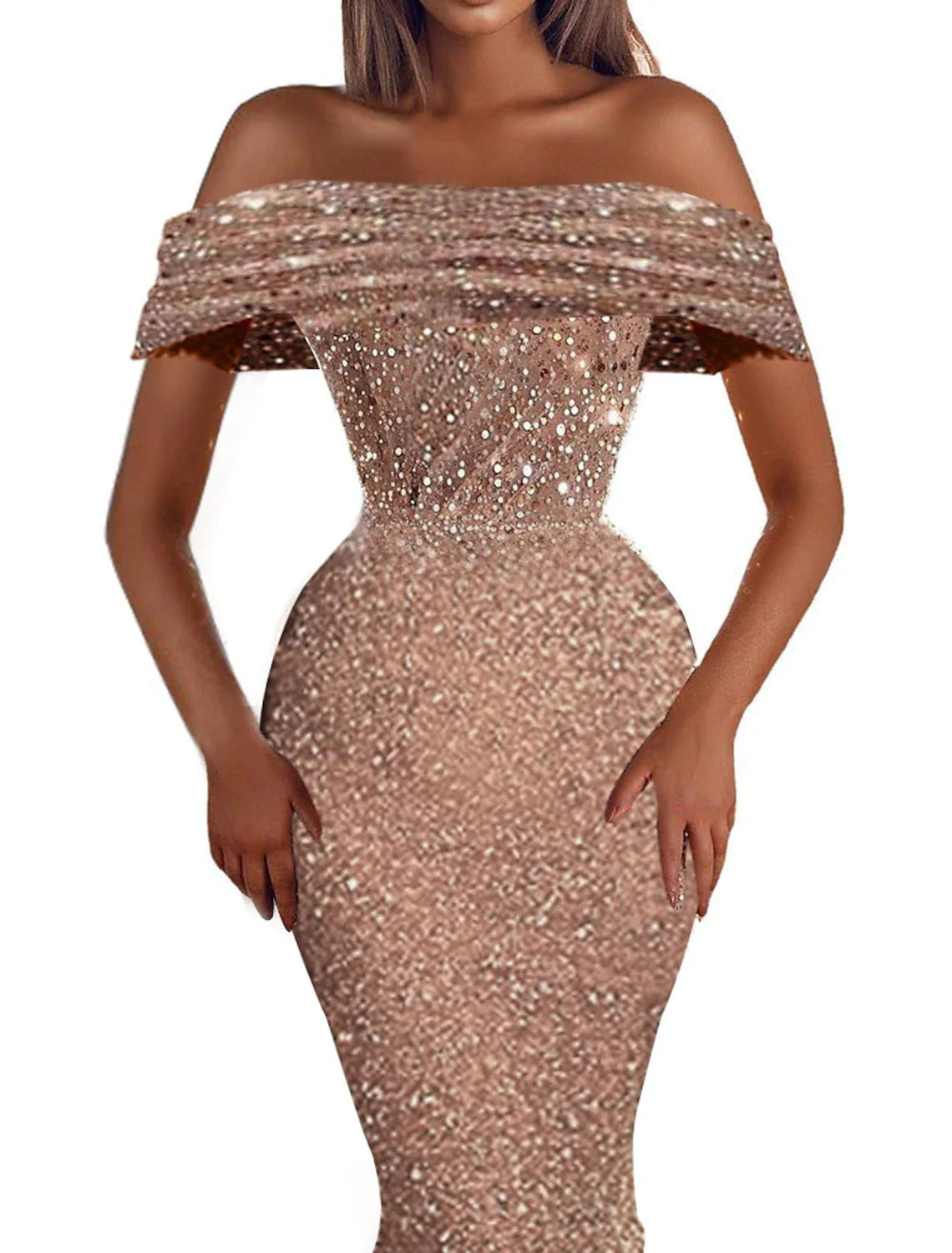 Aimishang Mermaid Party Dress Evening Gown Sparkle & Shine Dress Prom Birthday Asymmetrical Short Sleeve Off Shoulder Sequined with Sequin