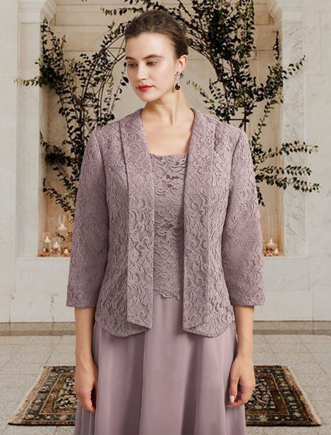 Aimishang  Two Piece A-Line Mother of the Bride Dress Church Elegant Jewel Neck Floor Length Tea Length Chiffon Lace Sleeveless Short Jacket Dresses with Ruffles Appliques