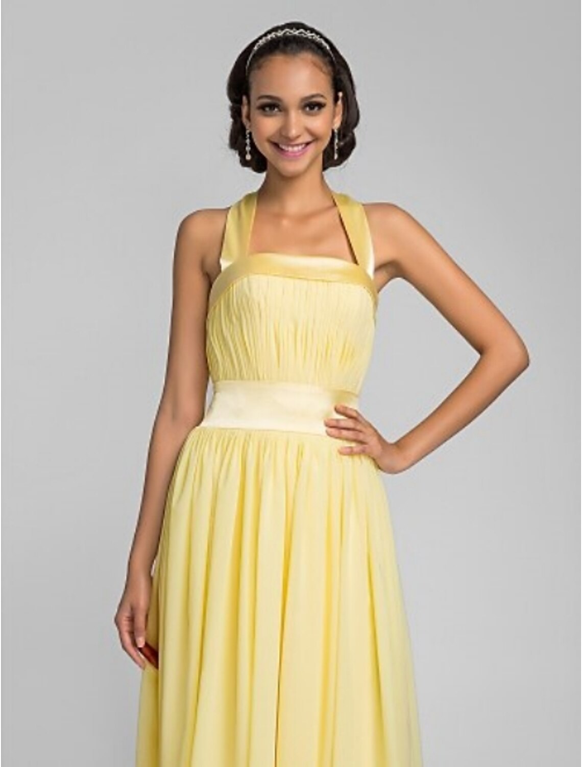 A-Line Halter Tea Length Chiffon Stretch Satin Bridesmaid Dress with Draping Bandage