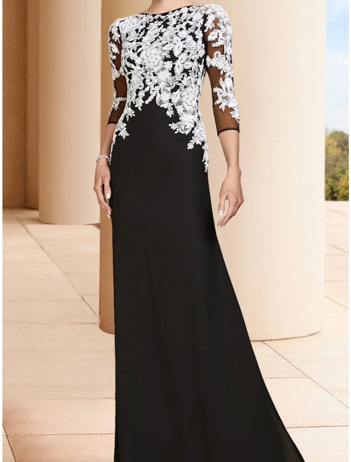Aimishang  Sheath / Column Mother of the Bride Dress Wedding Guest Elegant Jewel Neck Floor Length Stretch Chiffon 3/4 Length Sleeve with Lace Ruching